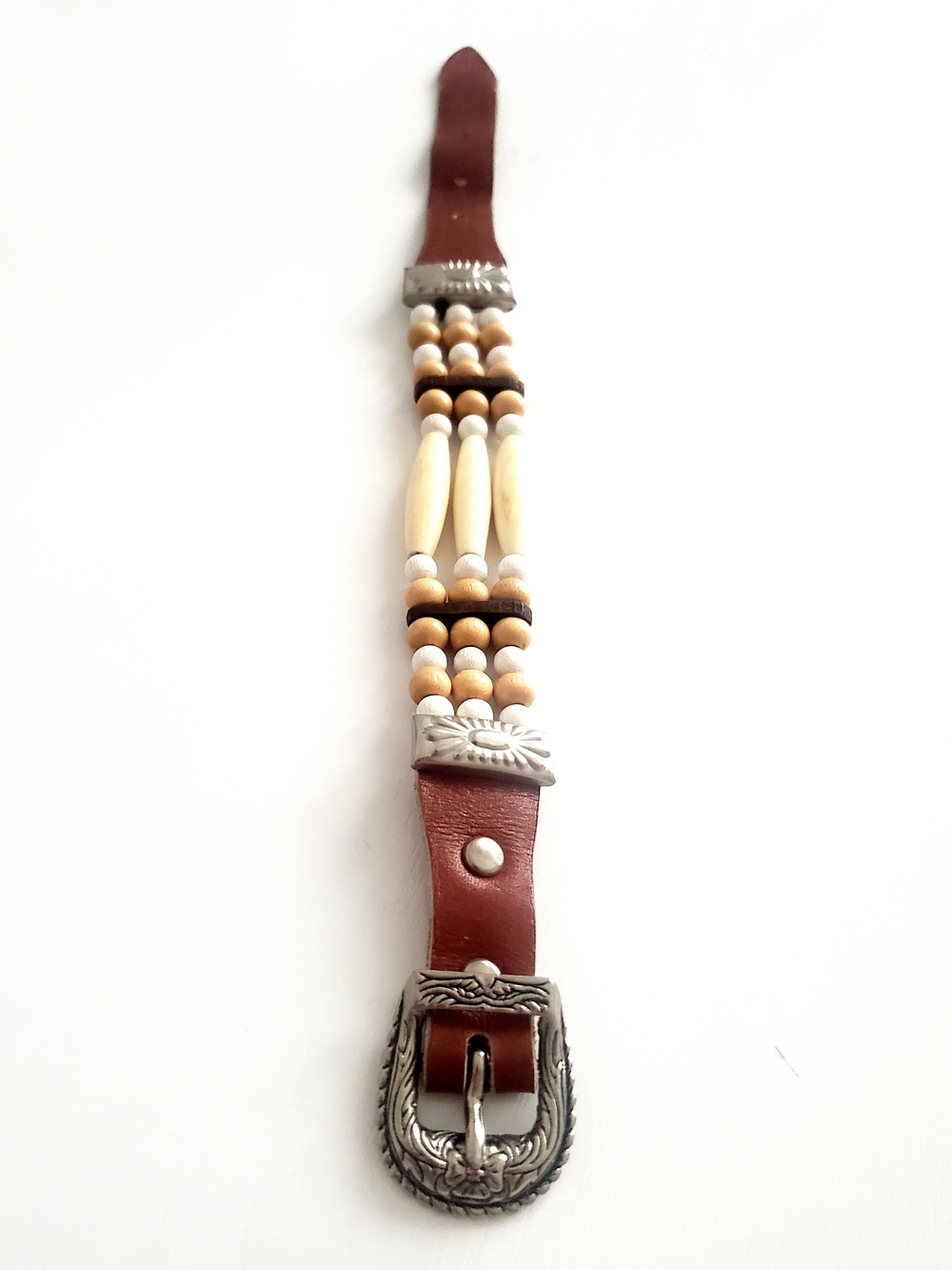 Beaded Brown Leather Bracelet with Cream Beads